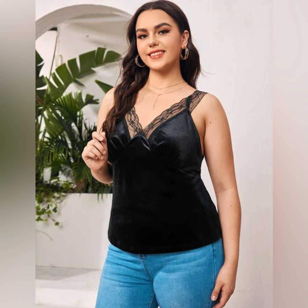LACE TRIM VELVET CAMI TOP PLUS SIZE
